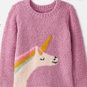 Hanna Andersson Marshmallow Pink Fuzzy Unicorn Sweater with Rainbow Hair